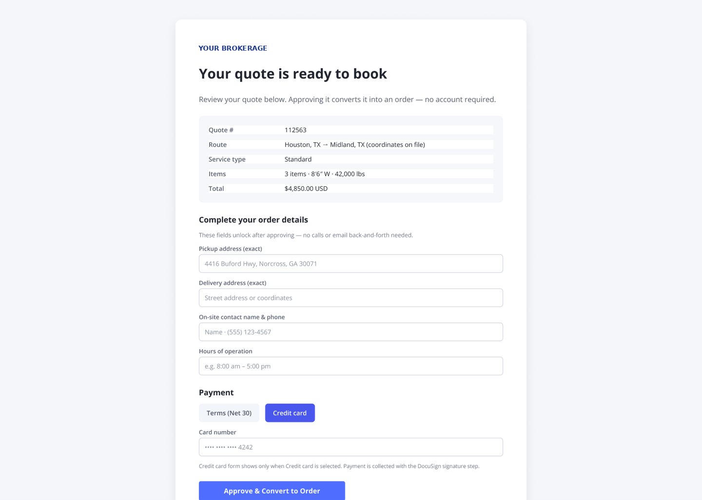 Client quote-to-order page
