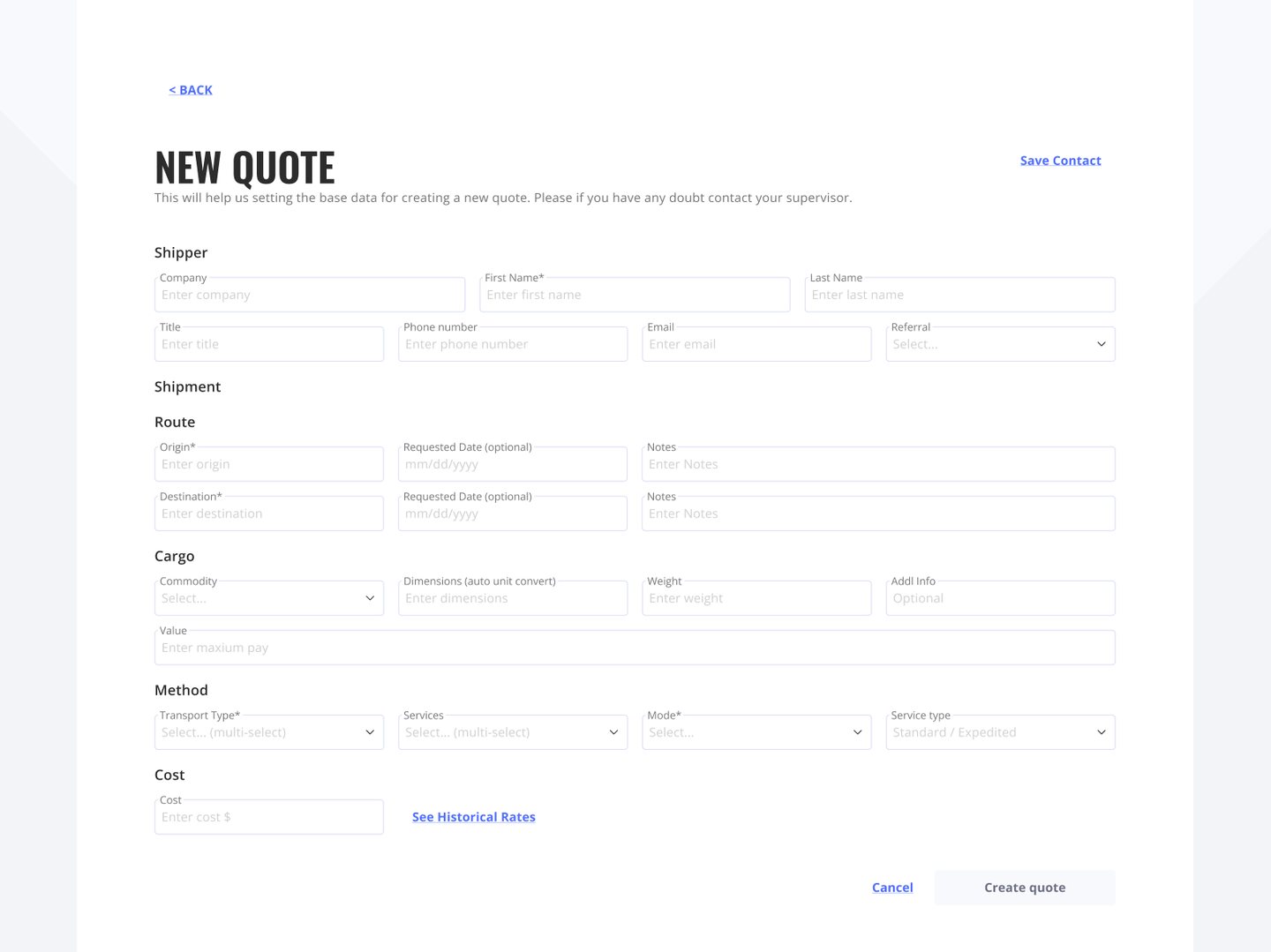 New quote questionnaire