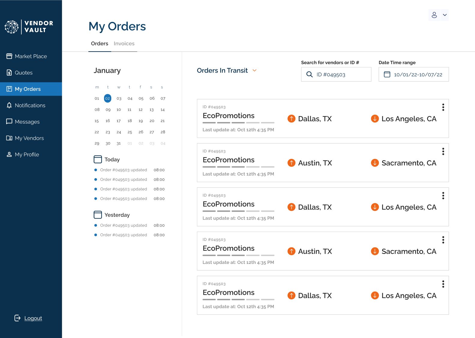 Vendor Vault orders in transit